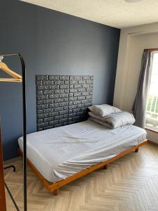 SaikiHostel UND BASE的卧室内的一张床铺,卧室内有蓝色的墙壁
