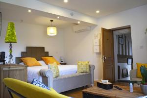 圣阿韦尔坦Manoir Drissia - Tours Centre, France的一间卧室配有黄色和蓝色枕头的床