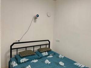 罗夫诺Апартаменти на вул. Біла,5а的一张带蓝色被子和枕头的床