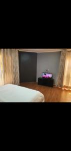 NsazomoN et M Inn - Hébergement的一间卧室配有一张床和一台平面电视