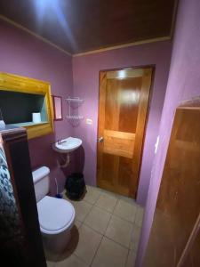 卡里略Tabaco Lodge #2 a solo 5 minutos de Playa Carrillo的紫色浴室设有卫生间和水槽