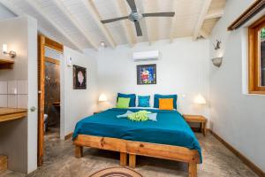 克拉伦代克Casa Calexico的一间卧室配有一张带蓝色床单和彩色枕头的床。