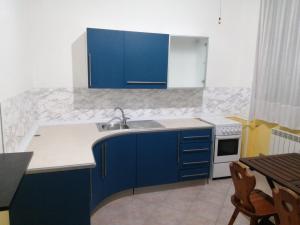 帕埃斯图姆Residenza dal Barone的厨房配有蓝色橱柜和水槽
