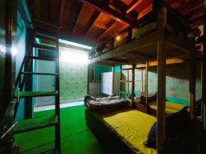 达兰萨拉Vibe Hostel的客房设有两张双层床和梯子