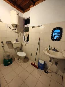 达兰萨拉Vibe Hostel的一间带卫生间和水槽的浴室