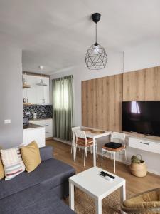 吉诺卡斯特Dhami Apartment的客厅配有沙发和桌子