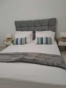 波罗斯Sun and Salt Villas的一张带灰色床头板的大床和两个枕头