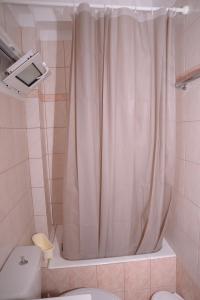 路特奇Blue Lagoon的带淋浴帘和卫生间的浴室