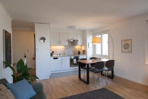巴塞尔Jungstay Apartments- near Basel的厨房以及带桌椅的起居室。