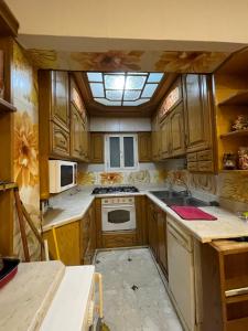 亚历山大Lovely apartment 2的厨房配有木制橱柜和天窗。