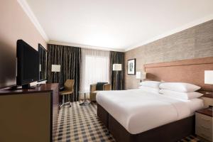 泰恩河畔纽卡斯尔希尔顿纽卡尔斯国际机场双树酒店的酒店客房设有一张大床和一台电视。