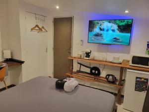 马罗尼河畔圣洛朗Hudace的卧室配有一张床,墙上配有电视。