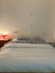尚贝里Moonlight的一间卧室配有一张床和一张桌子上的台灯