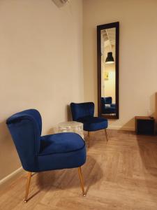 Opa-lockaPrivate Home Studio Central Located in Miami 2的一间设有两张蓝色椅子和镜子的房间