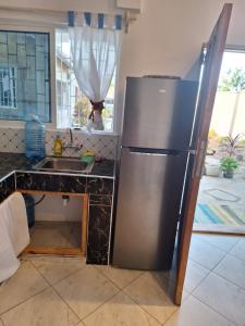乌昆达Cool breeze的厨房配有不锈钢冰箱,位于水槽旁边