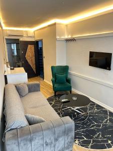 NilüferMy Blue Butik Hotel的带沙发和绿色椅子的客厅