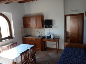 贝瓦尼亚Antico Borgo Carceri & Wellness的厨房配有木制橱柜、水槽和桌子