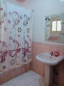 麦地那Soma Apt的一间带水槽和淋浴帘的浴室