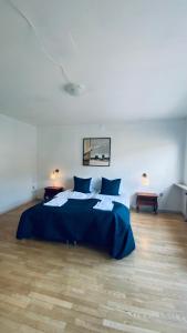 马里博Søpark Apartments的一间卧室配有一张带蓝色床单的大床
