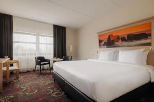 亨厄洛亨厄洛城市酒店的酒店客房设有一张大床和一张书桌。