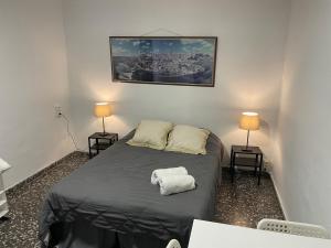 托莱多Alojamiento en el centro de Toledo的小房间,配有一张床和两盏灯