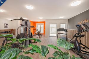 ZirchowAn der Haffküste Haffkoje的健身房,室内有健身自行车和植物
