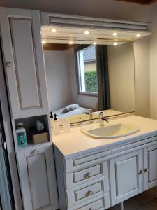 卡布尔Maison calme et lumineuse de plain-pied的一间带水槽和大镜子的浴室