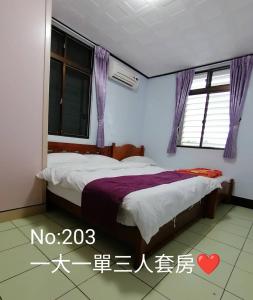 成功镇蓝洋绿艺创作坊的一间卧室配有一张带紫色毯子的床