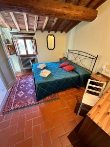 蓬塔谢韦Agriturismo Tassinaia的一间卧室配有一张带蓝色床单和红色枕头的床。
