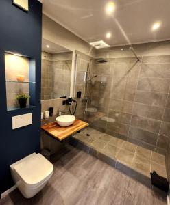 奥伯豪森Liro Hotel Oberhausen的带淋浴、盥洗盆和卫生间的浴室