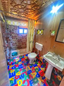 斯利那加Pasadona Floating Houseboat的浴室铺有色彩缤纷的地板,设有卫生间和水槽。
