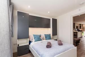 布拉克内尔One bedroom apartment, Driveway, Bracknell Centre的一间卧室配有一张带蓝色枕头的大床