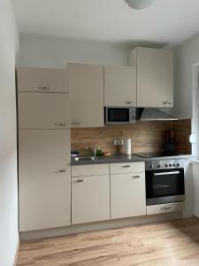赛尔斯贝格Seiersberg的白色的厨房配有白色橱柜和水槽