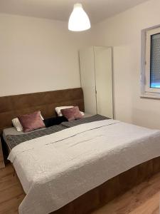 赛尔斯贝格Seiersberg的卧室配有一张带粉红色枕头的大床