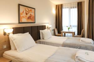 班斯科Green Wood Hotel & Spa Bansko的酒店客房设有两张床和窗户。