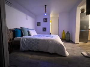 圣安尼Le Clos de Bourgueil的一间卧室配有蓝色和白色床单