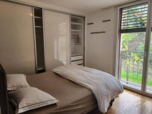 Le Mont-sur-LausanneOasis de Sérénité au Cœur de Lausanne : Appartement Spacieux的一间卧室设有一张床和一个大窗户