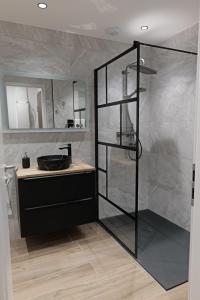 贝桑松Bali Suite的带淋浴、水槽和镜子的浴室