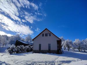 StožokApartmán Bobo的雪中小白房子,有树