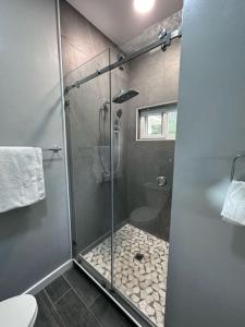 乌蒂拉Baquis Island Bungalow的浴室设有玻璃淋浴间和卫生间