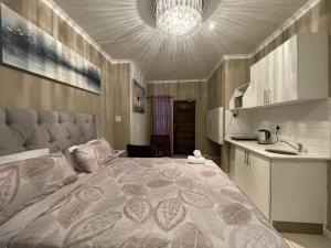开普敦DOMIN LUXURY SUITES的一间带大床的卧室和一间厨房