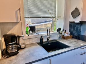 莱克内斯Leknes Airport Apartment的带水槽的厨房台面和窗户