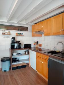 康庞Gîte cosy Lac de Payolle的厨房配有木制橱柜和台面