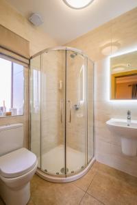 纽里弗拉格斯塔夫酒店的带淋浴、卫生间和盥洗盆的浴室