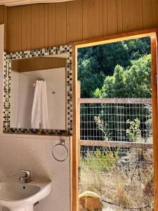 圣地亚哥Cabaña ecológica y aislada的浴室设有镜子、水槽和窗户