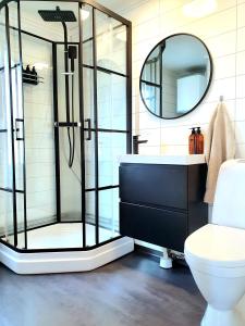 RobertsforsStuga med havsutsikt的一间带玻璃淋浴和卫生间的浴室