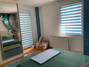新瓦罗什Apartman Aleksandar的一间带镜子、一张床和镜子的卧室