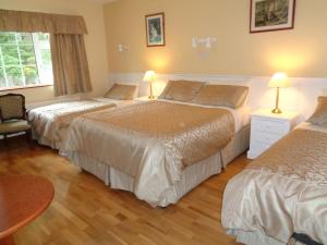 基拉尼红木酒店的一间卧室配有两张床、一张桌子和两盏灯。