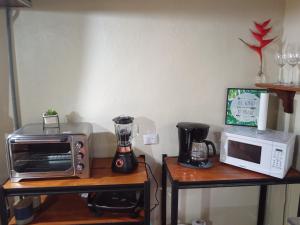 Puerto ViejoFinca La Paz的厨房配有烤面包机和微波炉。