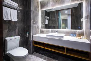 青岛青岛美墅假期酒店（五四广场万象城店）的一间带水槽、卫生间和镜子的浴室